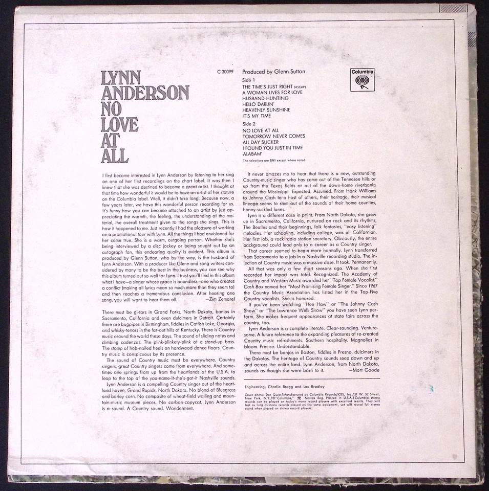 LYNN ANDERSON NO LOVE AT ALL PROMO VINYL LP 130-22 W - Image 2 of 4