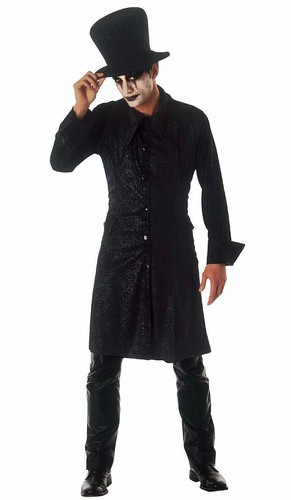 Mens Long Black Coat and & Big Hat Halloween Dark Clown Costume Outfit New M XL - Picture 5 of 7