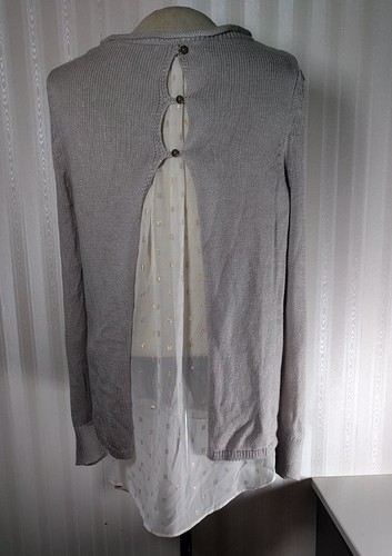 Lucky Brand Sz XS Greige Silver Metallic Layered Eyelet Knit Sweater Split Back - Picture 2 of 9