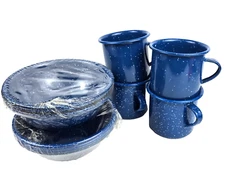 12 Watkins Speckleware Tableware Camping Blue Speckle Enamelware Cups Bowls 90s