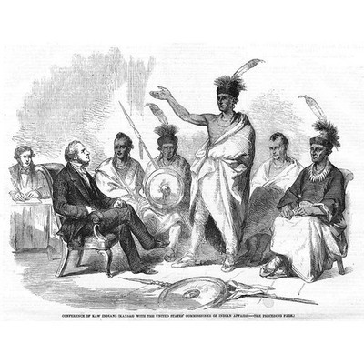 INDIANER INDIANER Konferenz mit Kaw Indianern KANSAS - Antikdruck 1857