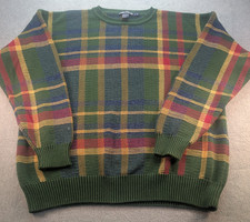 VTG Nautica Sweater Mens Green Plaid Cotton Crewneck Large 90s Chunky Knit