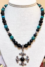 BEAUTIFUL Sterling Silver, Onyx, Turquoise & Bench Bead Maltese Cross Necklace
