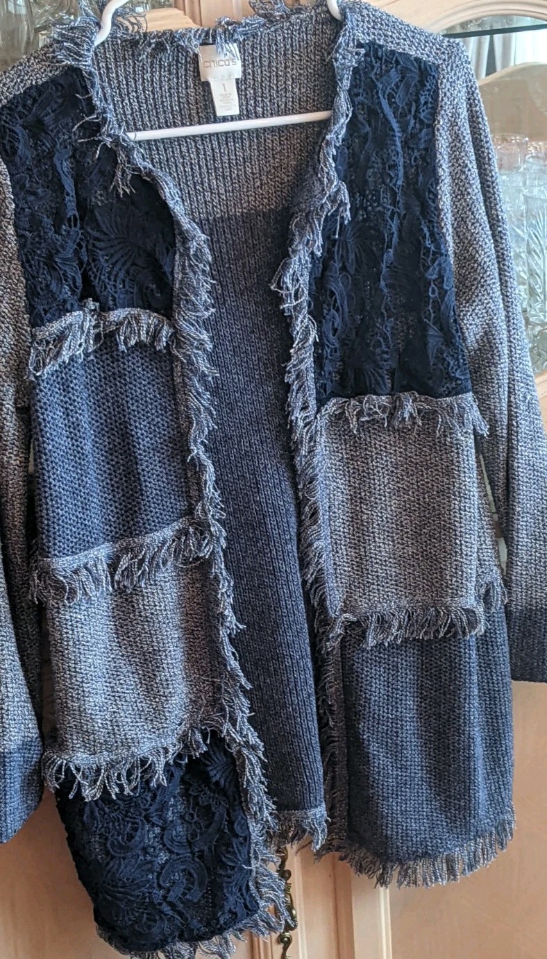 Chicos Blue Patchwork Cardigan Size 1 Fringe - image 1
