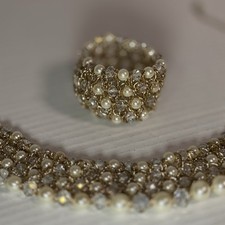 Pearl Crystal Choker Necklace  Bracelet Set Gold Tone Costume Jewelry NWOT