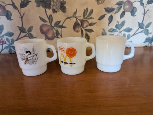 3-VINTAGE FIRE-KING STACKING MUGS MCDONALD'S,CHICKADEE,WHITE 8OZ