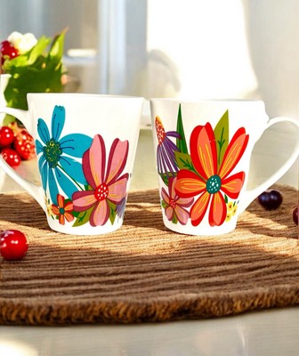 2 Royal Norfolk SPRING FLING Mugs Floral Bright Orange Pink Blue Green READ