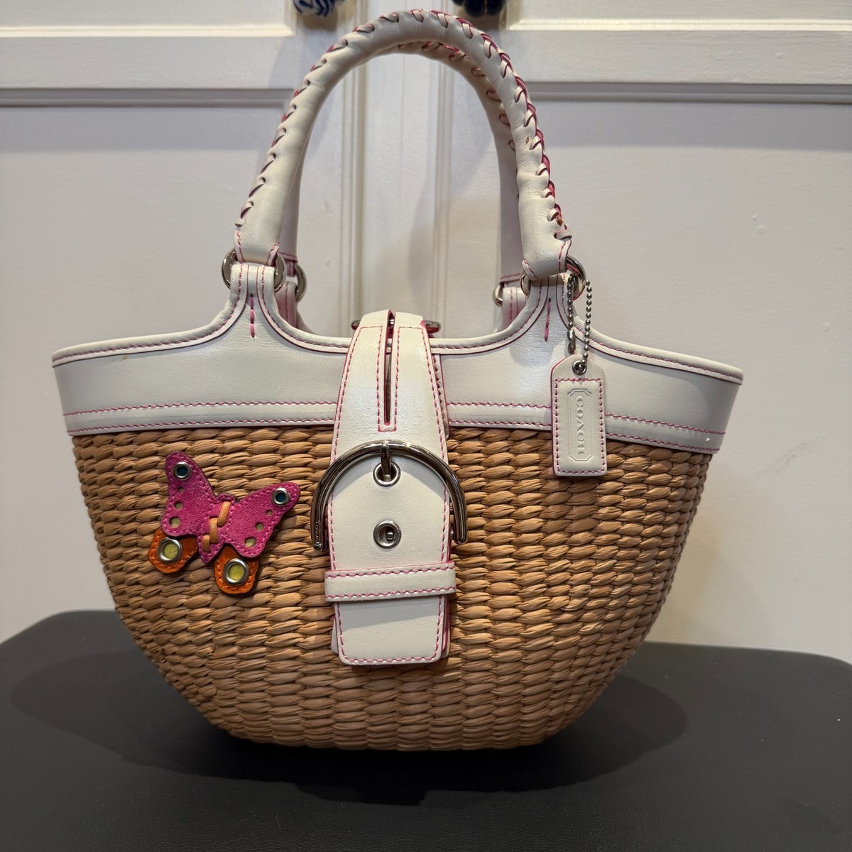 COACH Wicker Basket Purse White Leather, Pink Interior & Butterfly