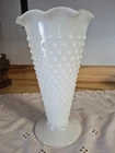 VINTAGE ANCHOR HOCKING MILK WHITE HOBNAIL GLASS VASE W/SCALLOPED EDGE