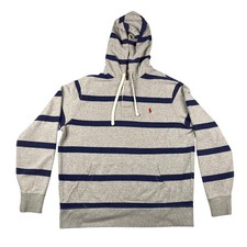 Vintage Ralph Lauren Polo Rugby Striped Hooded Sweatshirt Size L Blue Gray