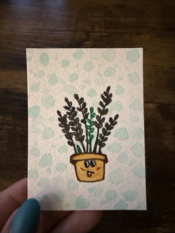 Original ACEO Watercolor Cute Whimsy Black ZZ Plant Mini Art #2 By mdesigns316