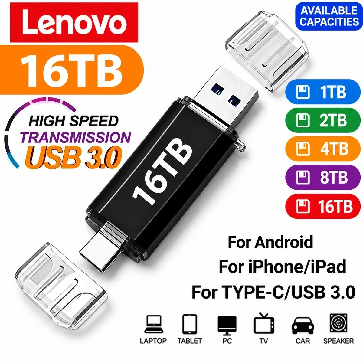 USB Flash Drive 2TB 2 in 1 OTG Type C USB 3.0 Universal Memory Stick