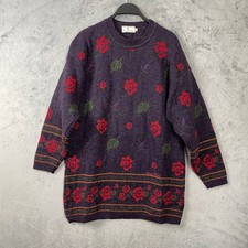 Vintage 90s Floral Wool Knit Sweater Made In Italy Crewneck Large Romantic Cozy