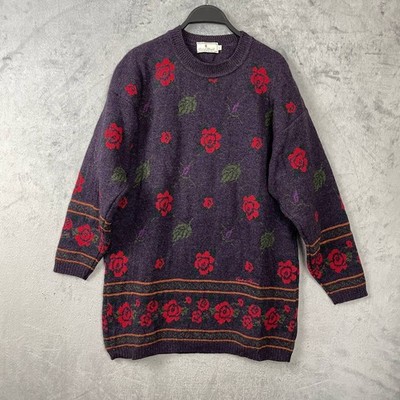 Vintage 90s Floral Wool Knit Sweater Made In Italy Crewneck Large Romantic Cozy