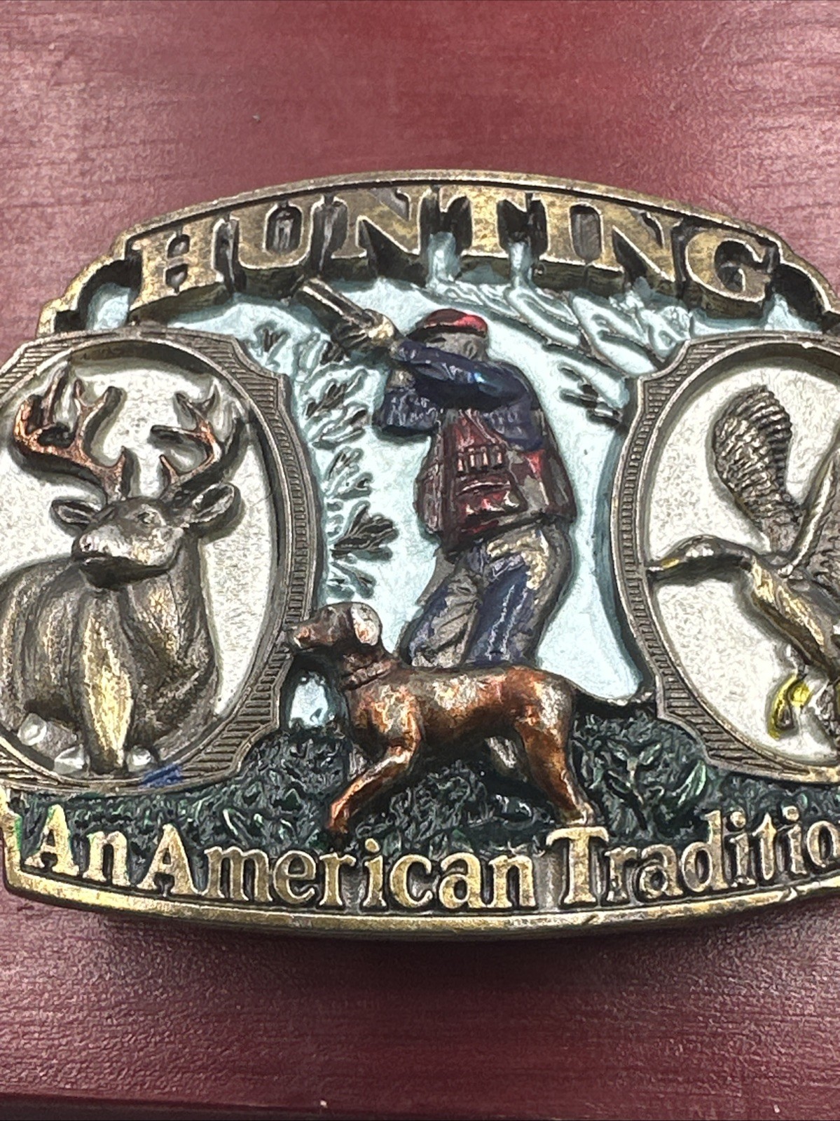 VTG 1986 Great American Buckle Co. “Hunting – An American Tradition” Belt Buckle