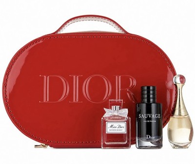 DIOR RED PATENT MAKEUP BAG 4PC SET/JADORE/MISS DIOR BLOOMING BOUQUET/SAUVAGE EDP