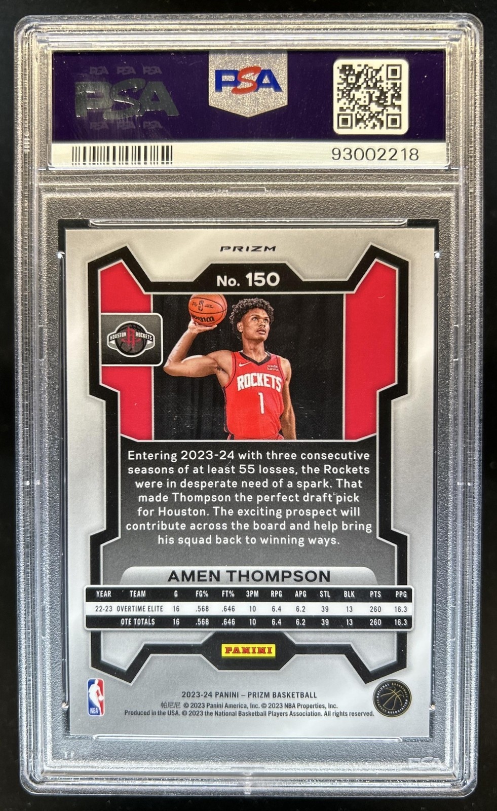 2023-24 Panini Prizm Amen Thompson RC Prizm Silver Rookie #150 Rockets PSA 10 view 2