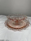 ANCHOR HOCKING PINK DEPRESSION GLASS OPEN LACE PEDESTAL CANDY DISH & PLATE