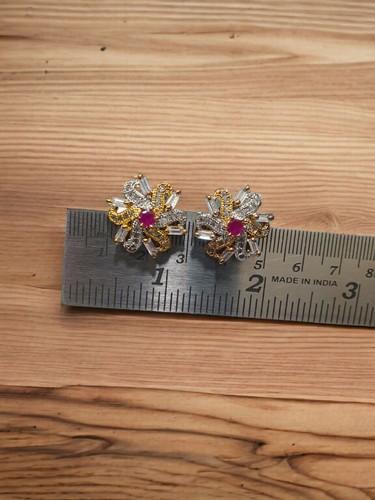 Gold Plated Indian AD CZ Studs Earrings Indian Pakistani Fine Bollywood Designer - Picture 4 of 17