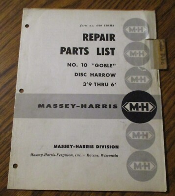 Massey Ferguson No 10 Goble Disc Harrow 3'9-6' Parts Catalog Manual Book 1957 mf