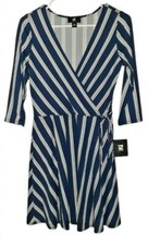 NWT IZ Byer 3/4 Sleeves Faux Wrap Striped Navy Dress Size Medium  b85