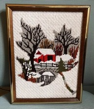 Winter Leaf Complete Needlepoint Art Framed - Winter Snow Barn in Leaf - 10x13