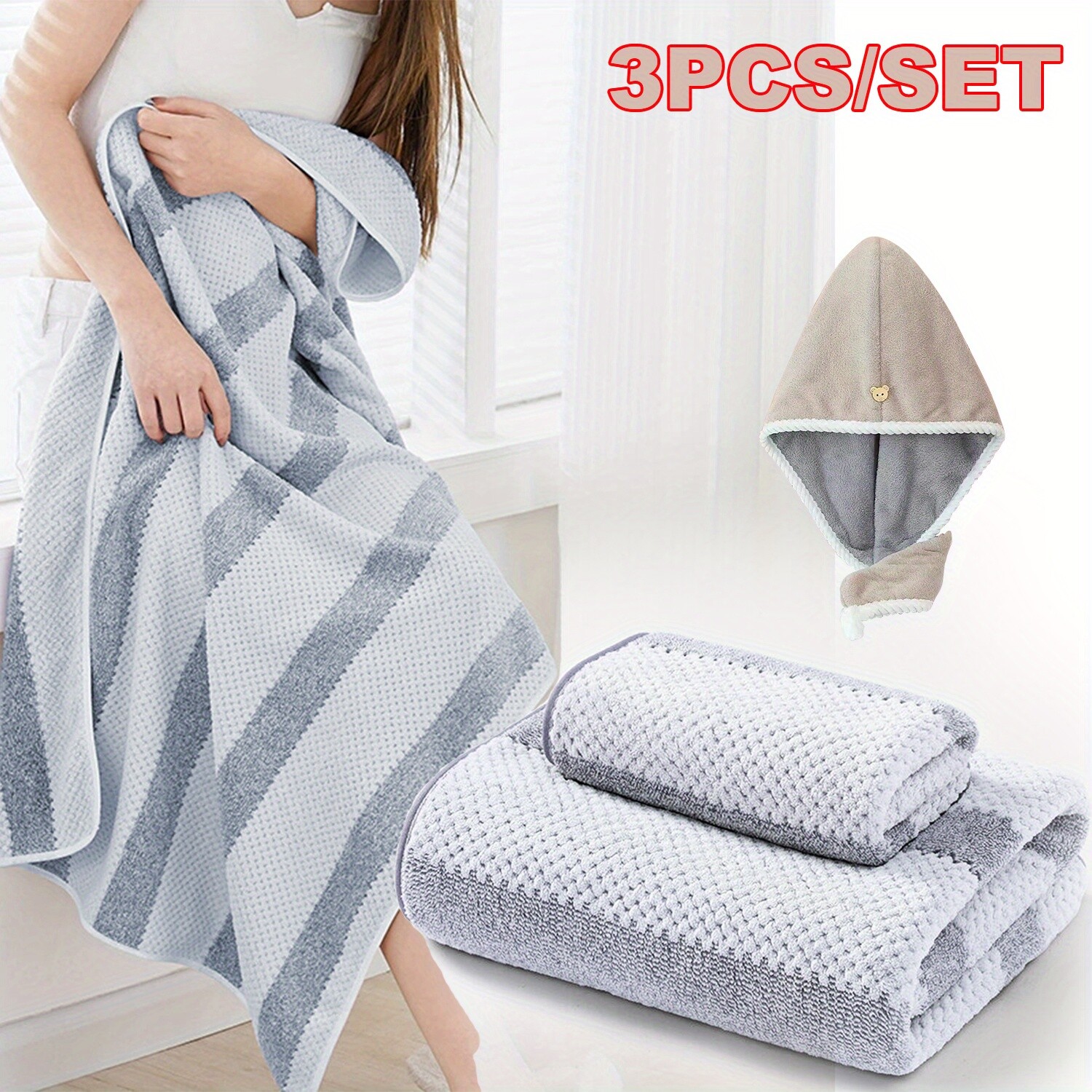 3pcs Quick-Dry Bath Towel Set with Washcloths and Hair Wrap Cap  
