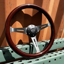 15" Black Steering Wheel With Wood Grip and Official Chevy Horn Button - 6 Hole