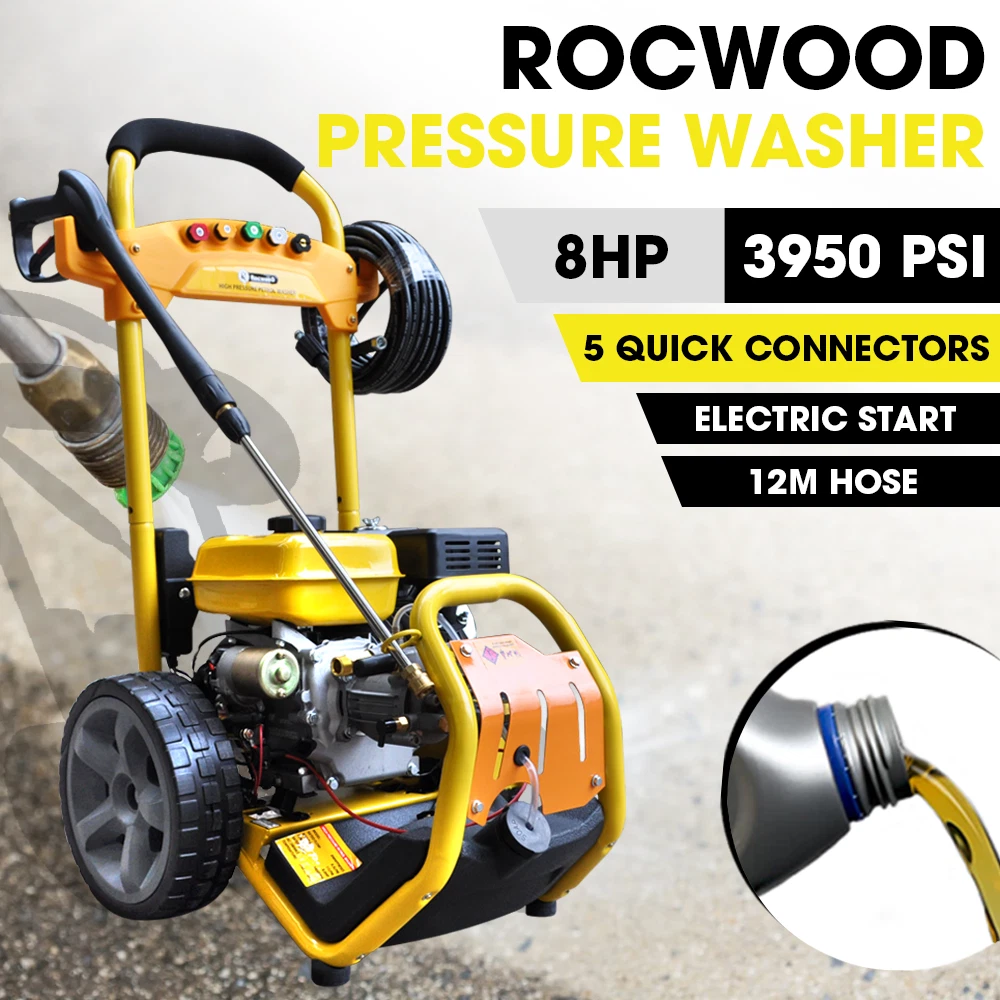 RocwooD Petrol Pressure Washer ELECTRIC START Power Jet 3950 PSI 8HP 12M Hose