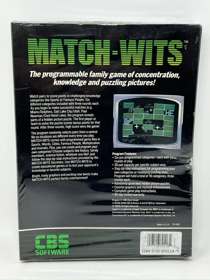 Match Wits Commodore 64 CBS Software 1983 Vintage Atari Home Apple PC New Sealed - Image 2 of 4