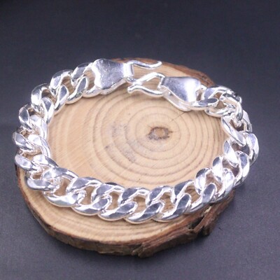 Pure S999 Sterling Silver Chain Men 12mm Miami Cuban Curb Link Bracelet  60-61g - Main Image