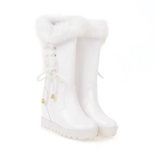 Women's snow boot fur furry warm lace up Hidden heel Mid calf Riding boots Shoes - Picture 11 of 13