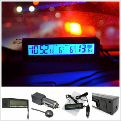 Car Thermometer In/Out &Voltmeter Clock Digital Blue Backlit Backlight Ice Alert