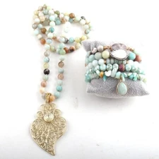 Necklace Bracelet Set Natural Gemstone Handmade Stretch Stack Stone Party Stacks