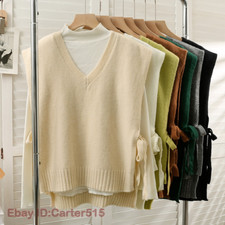 Women Knitted Vest Top Sleeveless Jumper Tank Sweater Waistcoat Gilet Tie Side
