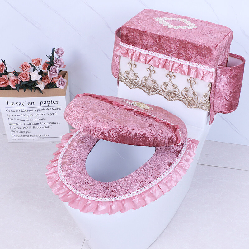 Velvet Toilet Seat Covers Set Lace Closestool Cover Lid Pads Soft