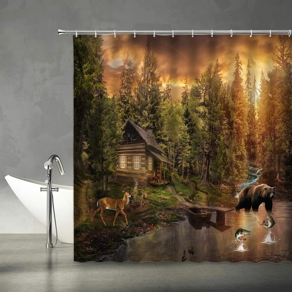 Bear and Deer Shower Curtains with Hooks Forest Animal Bathroom