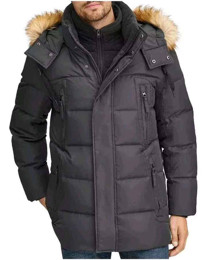 MARC NEW YORK Conway 黑色派克大衣冬季绗缝外套绝缘人造毛皮,大号 — 第 2/4 张图片