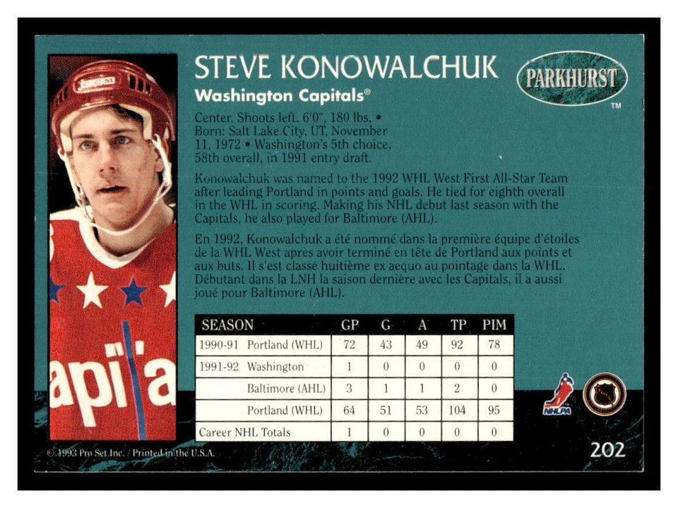1992 Parkhurst  #202 Steve Konowalchuk - Washington Capitals Rookie - Image 2 of 2