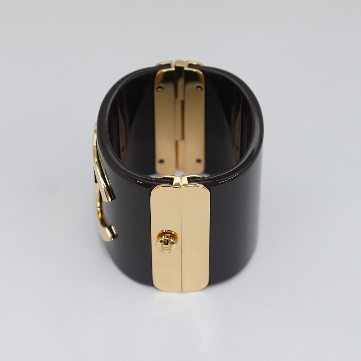 CHANEL CC Logo Black Bangle Cuff Bracelet 6.7