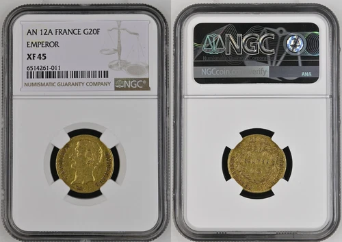FRANCE G20F AN 12A Napoleon Emperor ONE YEAR ISSUE GOLD NGC XF 45
