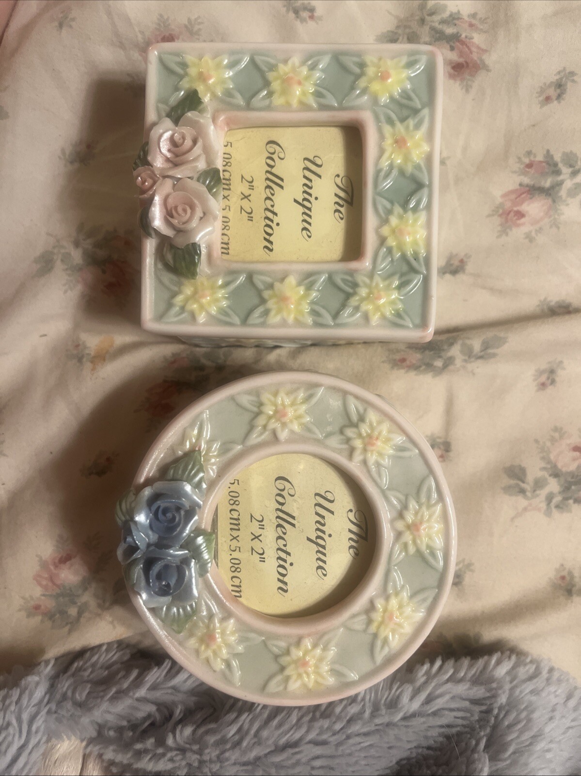 2 Vintage Photo Lidded Floral Ceramic Trinkets Boxes