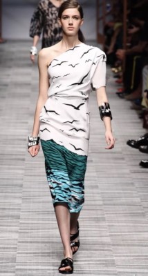 MISSONI Runway White Green Blue Bird Print One Shoulder Long