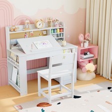 Kids Study Desk Chair Set w/Storage Study Desk with Hutch Tiltable Wooden Table