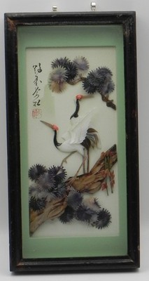 Hervorragendes altes japanisches 3D handgefertigtes geschnitztes Muschelkunstwerk mit Kranichen