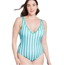 Kona Sol Swimsuit 18W One Piece Womens Striped Bathing Suit Mint NEW