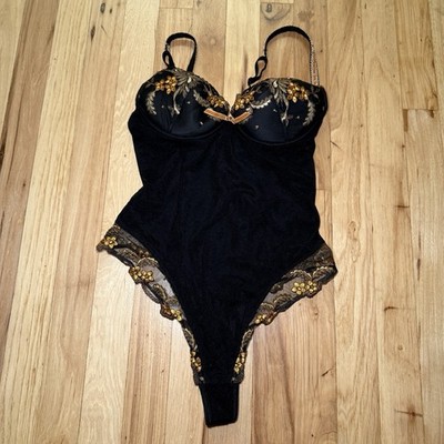 Lise Charmel Lace Underwire Thong Lingerie Bodysuit Teddy Black Gold US 34