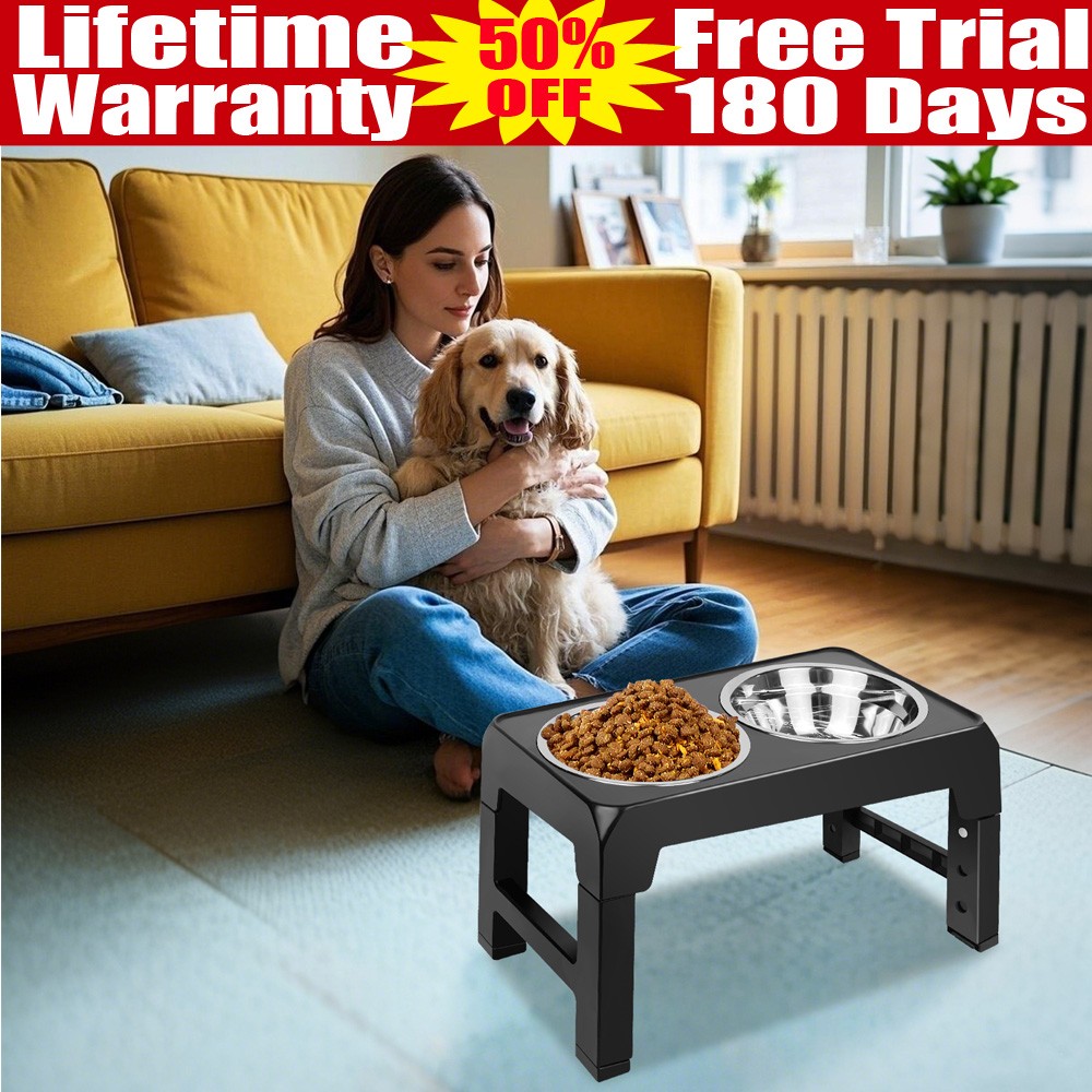 Adjustable Three Bowl Dog Cat Feeder Elevated Raised Stand Feeding Food Pet+Bowl