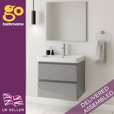 600mm Light Grey Gloss Wall Hung Vanity Unit Resin Basin 2 Soft Close Drawers
