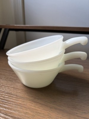 Set of 3 VTG Anchor Hocking Fire-King White Soup Bowls with Handle Milk Glass